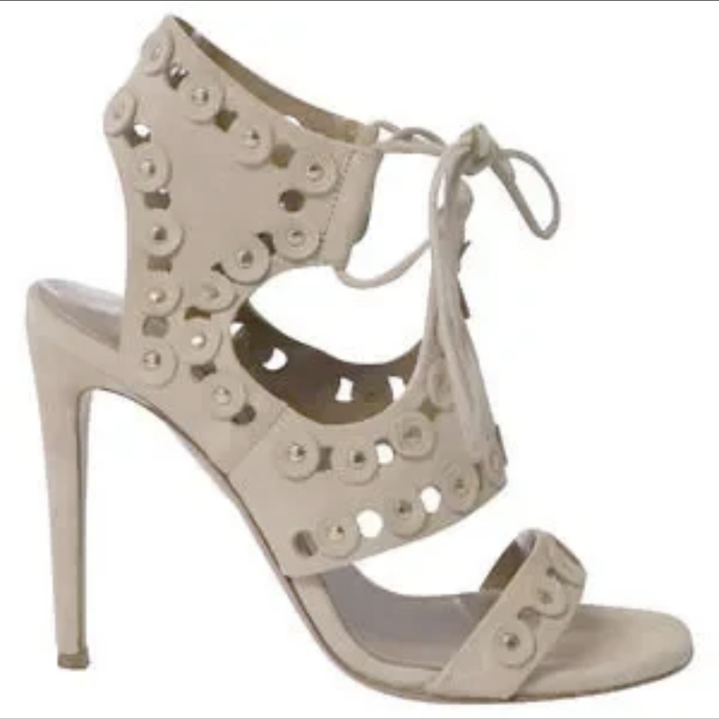 Aquazzura Neutral Suede Studded Vamp Straps Lace Up Sandal Heels 40